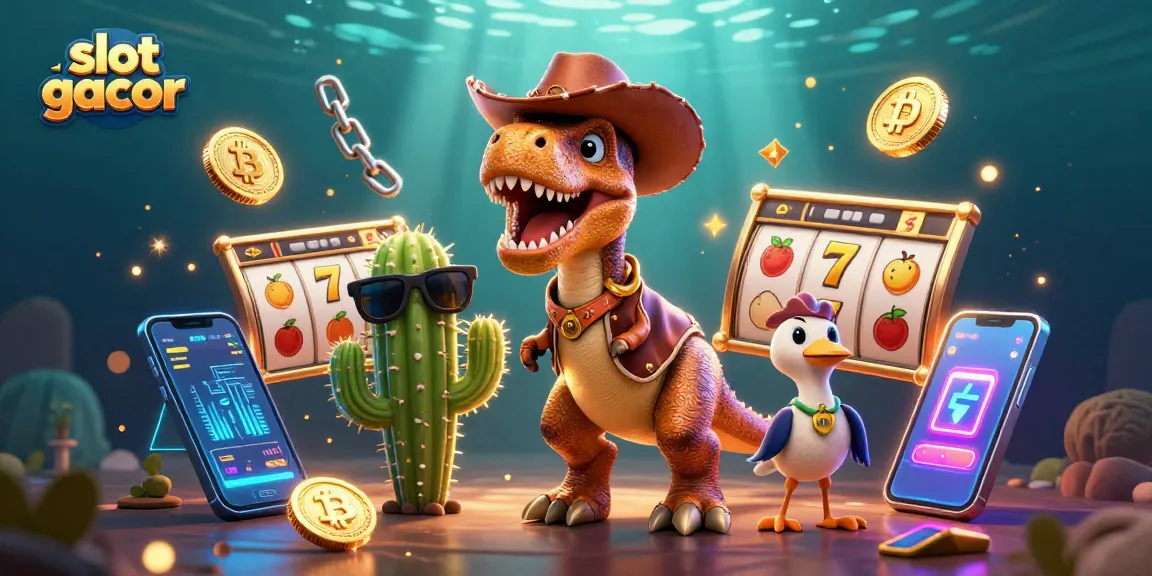 Engage with slot gacor gameplay featuring a cowboy dinosaur and friends in a colorful digital casino scene.