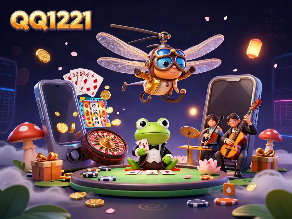 Experience the excitement with QQ1221 as a dragonfly pilot hovers over a vibrant casino scene.