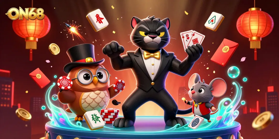 Experience ON68 with a stylish panther dealing cards amidst dynamic casino elements and festive effects.