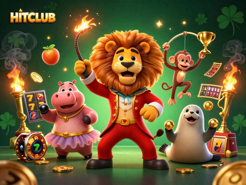 Experience HITCLUB's thrilling slots with vivid characters and golden rewards in a dynamic casino scene.