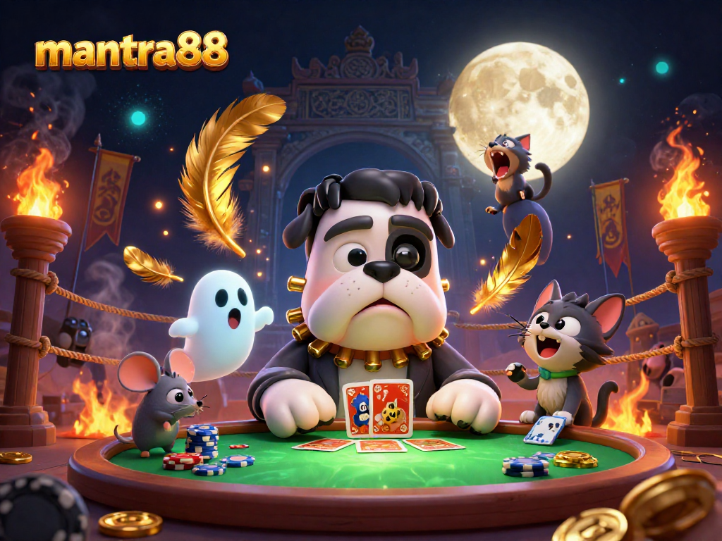 Engage with mantra88's thrilling card game scene featuring unique characters at a dynamic casino.