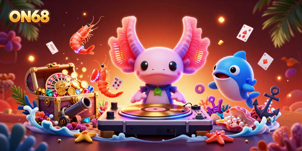 Join the excitement at ON68, as a neon axolotl DJ spins reels with vibrant underwater themes and casino elements.