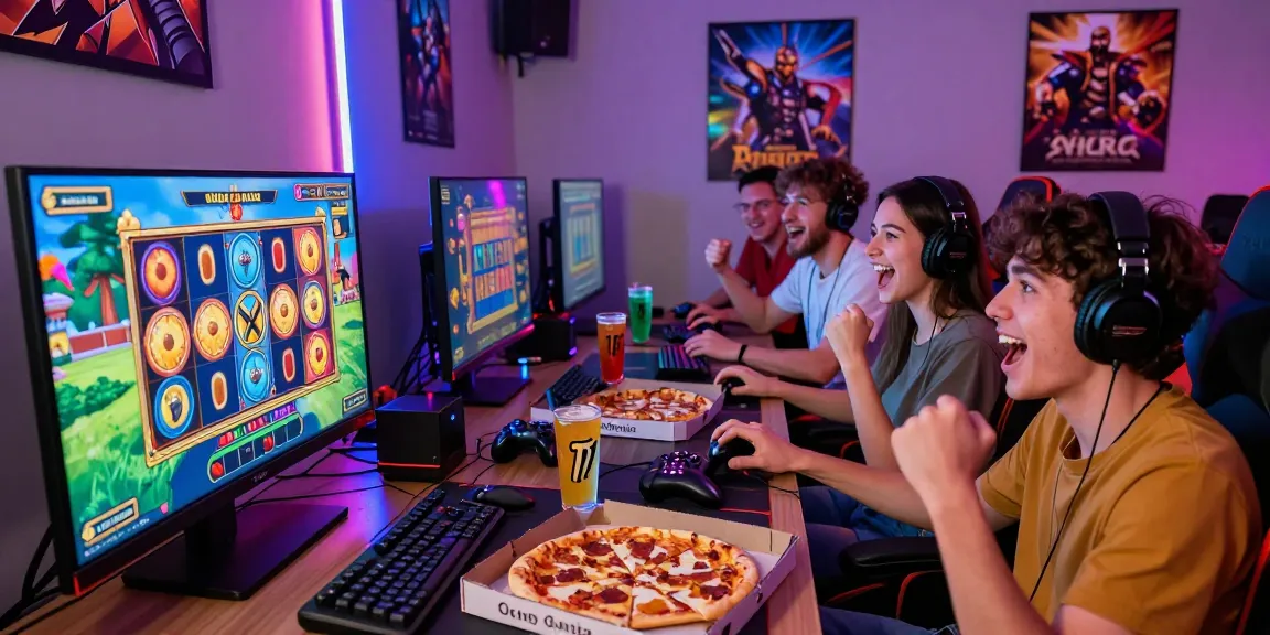 Friends enjoying a thrilling slot gacor game in a vibrant gaming room