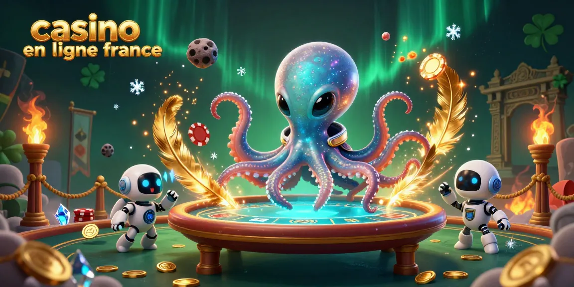 Un octopus extraterrestre anime joue au casino en ligne France avec une table de poker holographique.