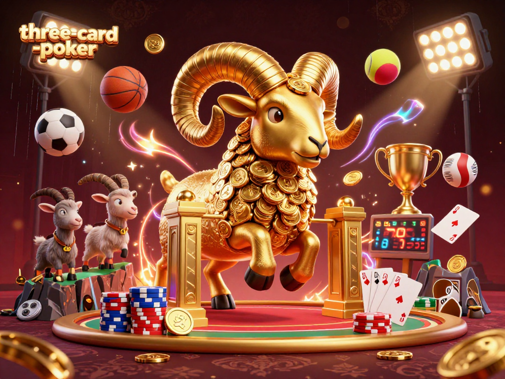 Action-packed scene of three-card-poker featuring a golden ram charging at a poker table.