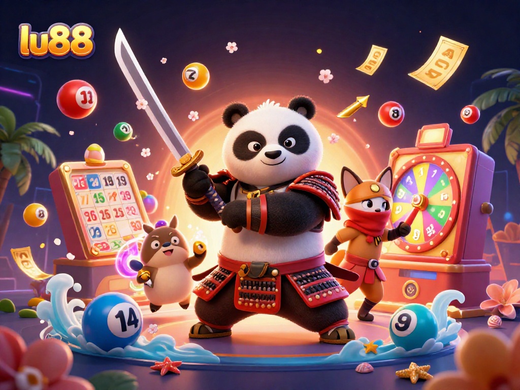 Join the excitement at lu88 with a vibrant scene of a samurai panda and ninja fox amidst dynamic lottery elements.