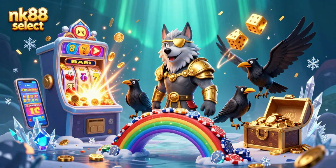 Experience excitement at nk88 select with a vibrant scene of a slot machine bursting with wins and Norse mythical characters.