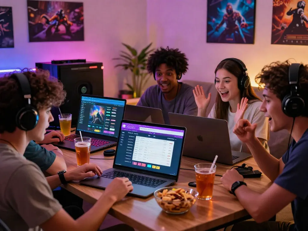 Friends enjoying a dynamic togel online gaming session, laptop screen displaying colorful graphics.