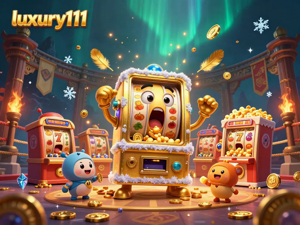 luxury111 slot machine hits jackpot amid cheering companions and gold coins in a dazzling 3D scene