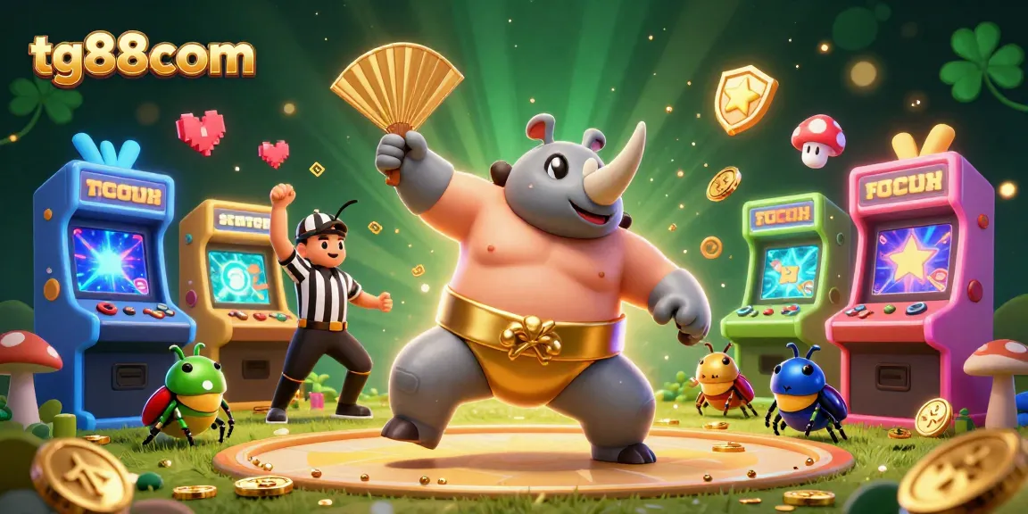 Experience thrilling gameplay at tg88com with its vibrant 3D illustration of a sumo beetle champion amidst gold coins and arcade games.