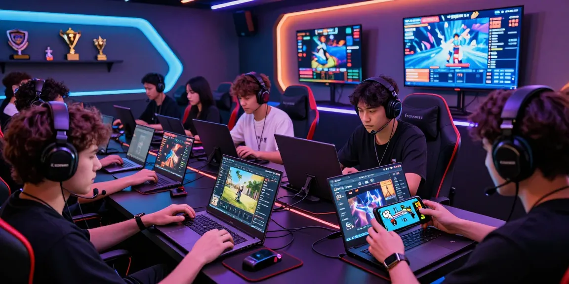 Exciting scene of players enjoying MANTRA88 online gaming on devices in a vibrant, competitive lounge.