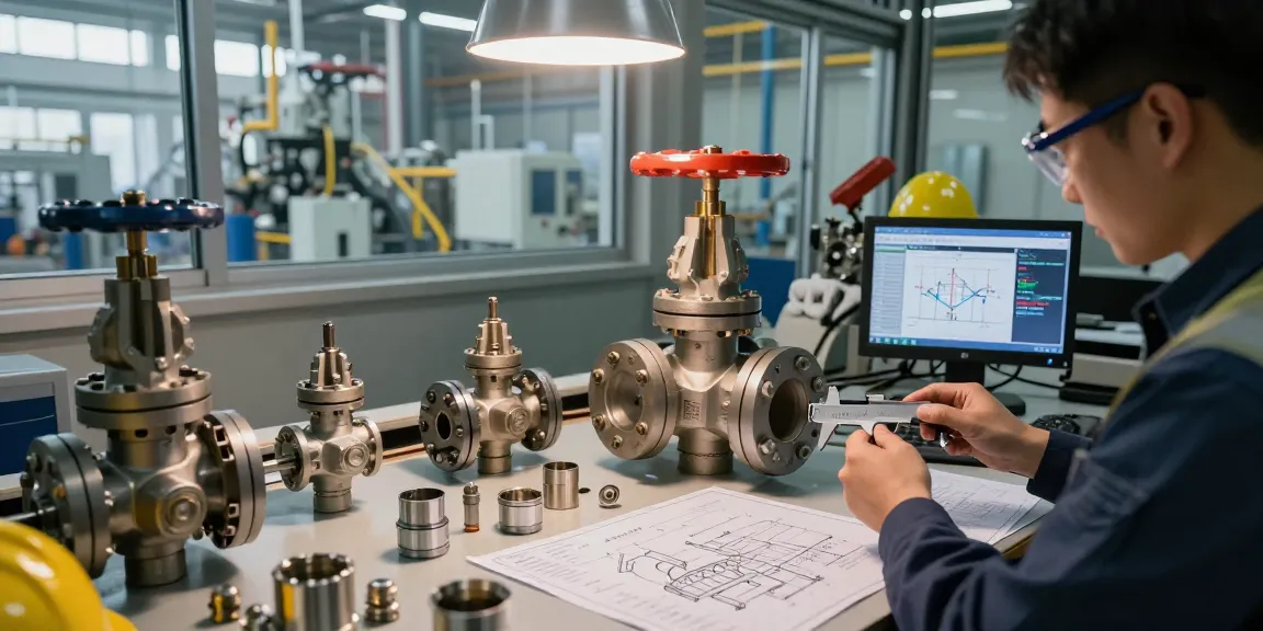 Engineer analyzing valve directory components in a modern manufacturing facility, showcasing precision and technology.