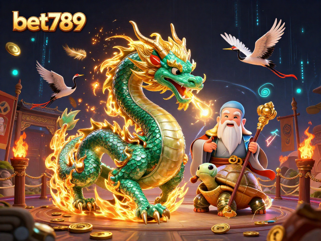 Experience the excitement of bet789 with a majestic dragon, wise sage, and lucky cranes in an energetic casino scene.