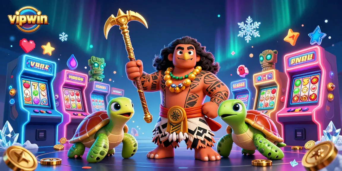 Play to win at vipwin with a vibrant 3D cartoon scene featuring games, slots, and a demigod character.