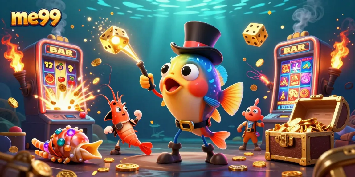 Win with me99's exciting slots illustrated by a glowing anglerfish attracting coins.
