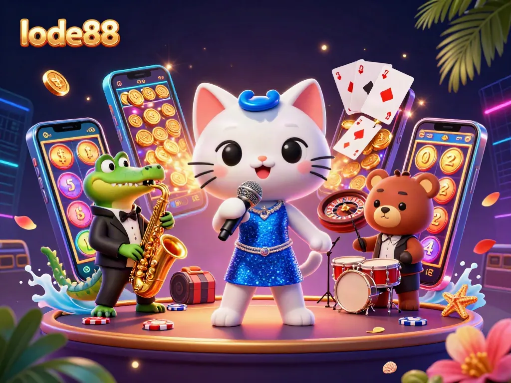 Experience the fun at lode88 with vibrant 3D characters and casino elements like slot games and poker chips.
