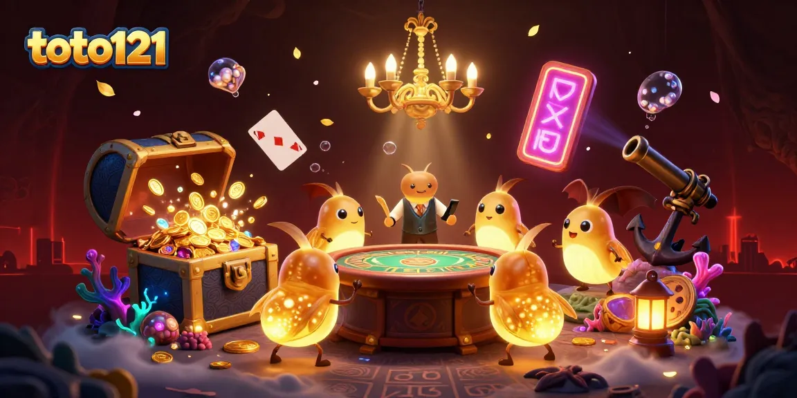Toto121 shines in a vibrant cave casino, featuring glowworms and treasures.