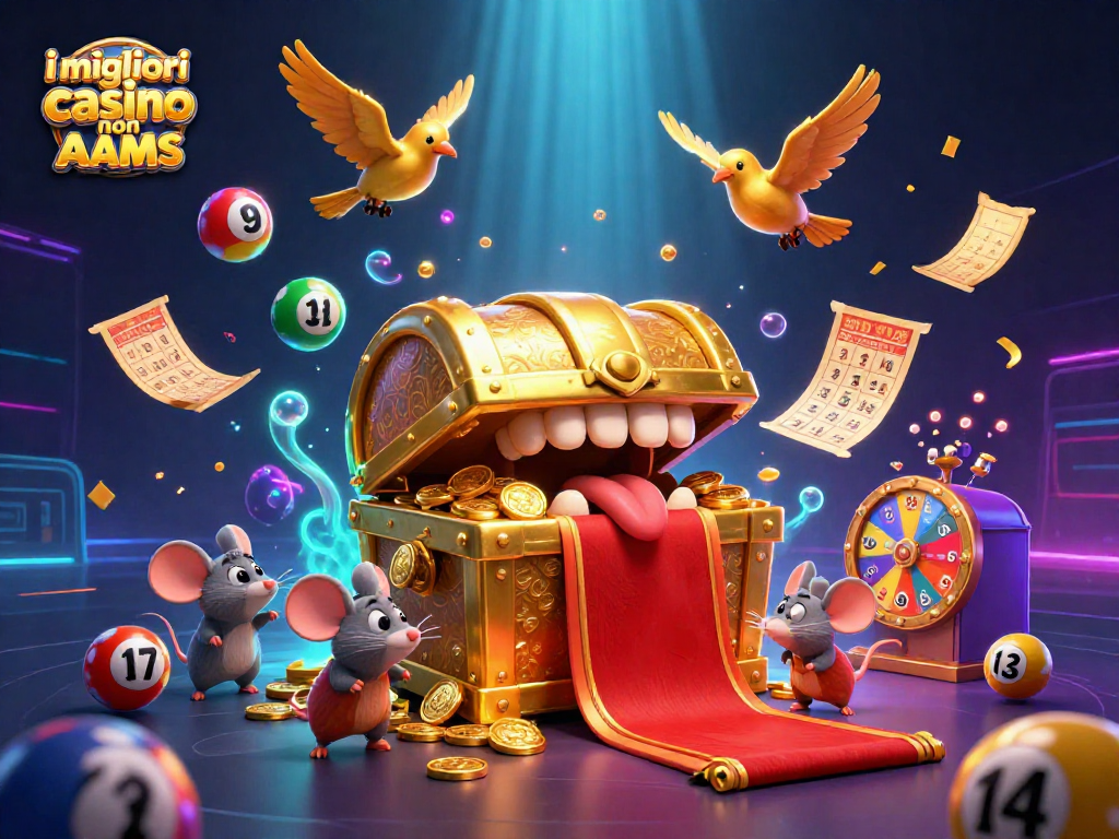 I migliori casino non AAMS presentano un'illustrazione vivace con simboli del gioco e premi accattivanti.