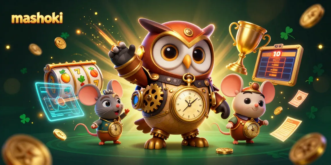 Experience the thrill of mashoki with vibrant slot reels, golden trophies, and dynamic casino elements.