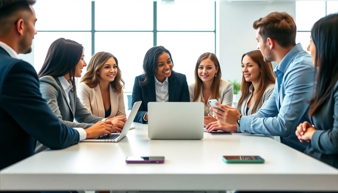 Engaged professionals discussing business SIM only deals UK in a bright office.