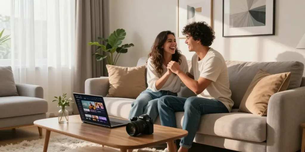 Couple enjoying stepsis porn scene in a cozy living room filled with stylish decor.