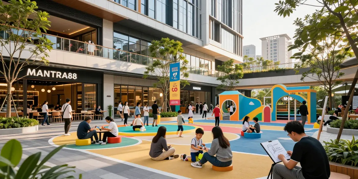 Families enjoying the vibrant community space at MANTRA88, showcasing entertainment and dining options.