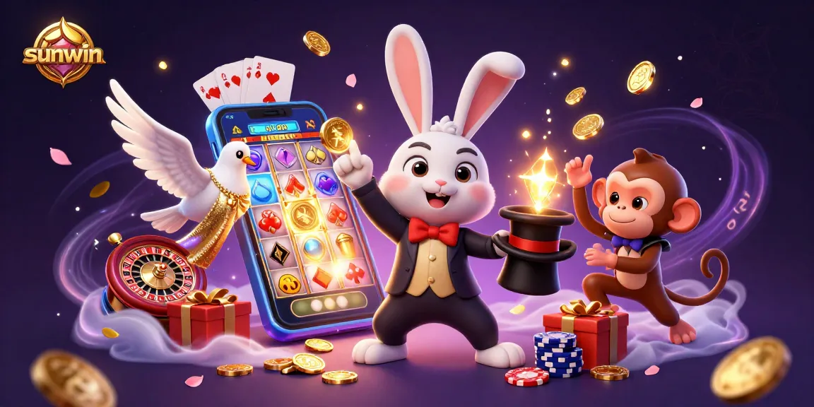 Experience sunwin's magic with a cartoon rabbit conjuring coins, a dove, and a monkey among vibrant slot game elements.