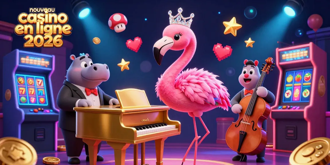 Illustration dynamique d'un nouveau casino en ligne 2026 avec une chanteuse flamant rose et des machines à sous.