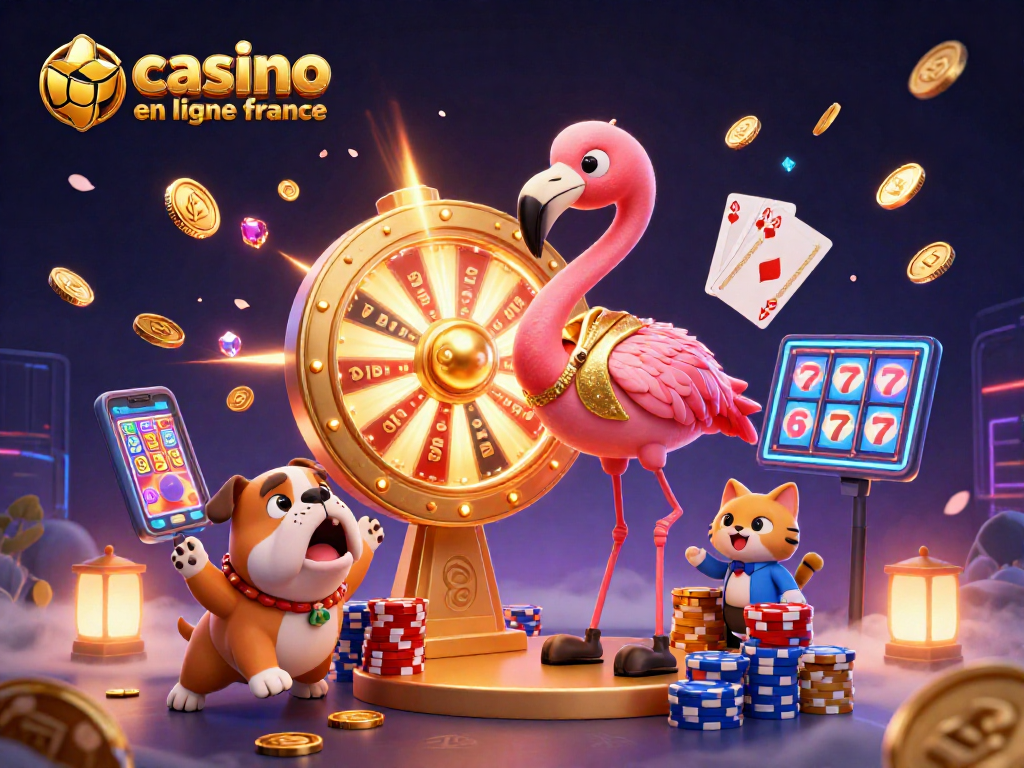 Visualisez le plaisir de jouer sur un casino en ligne France avec des personnages animés gagnants et des éléments de jeu éclatants.