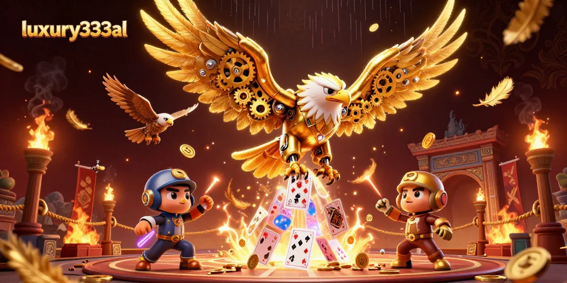 Experience luxury333al action with a golden eagle soaring over holographic cards in a dynamic casino arena.