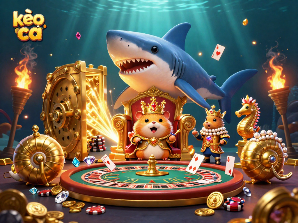 Engage in thrilling bets with kèo nhà cái amid a vibrant underwater casino scene featuring a golden hamster king.