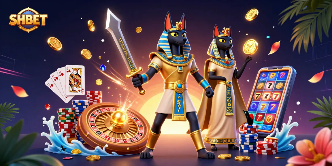 Experience thrilling gaming moments with SHBET, featuring Anubis and Bastet in a vibrant casino scene.