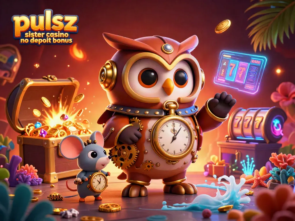 Play exciting games with the pulsz sister casino no deposit bonus, featuring vibrant 3D casino elements and characters.