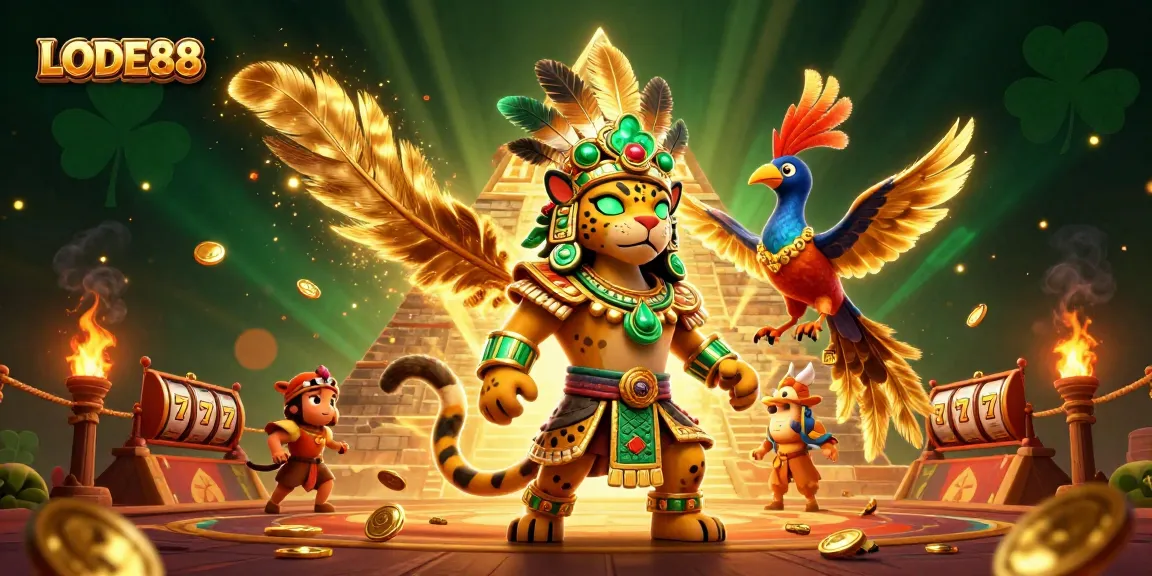 This vibrant illustration promotes LODE88 with dynamic gambling elements, showcasing Mayan culture and slot game visuals.