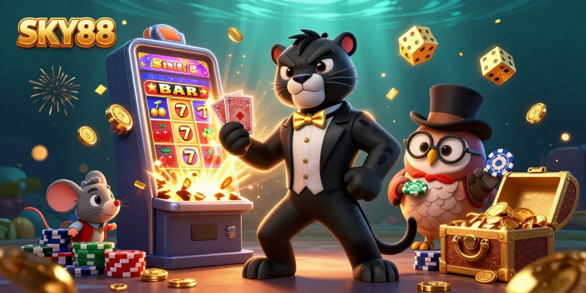 Engage with SKY88 as a panther deals cards at a vibrant casino scene