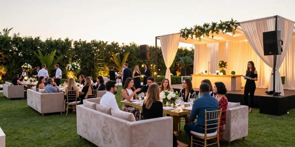 Event furniture rental for an elegant outdoor gathering with luxurious seating and decorations