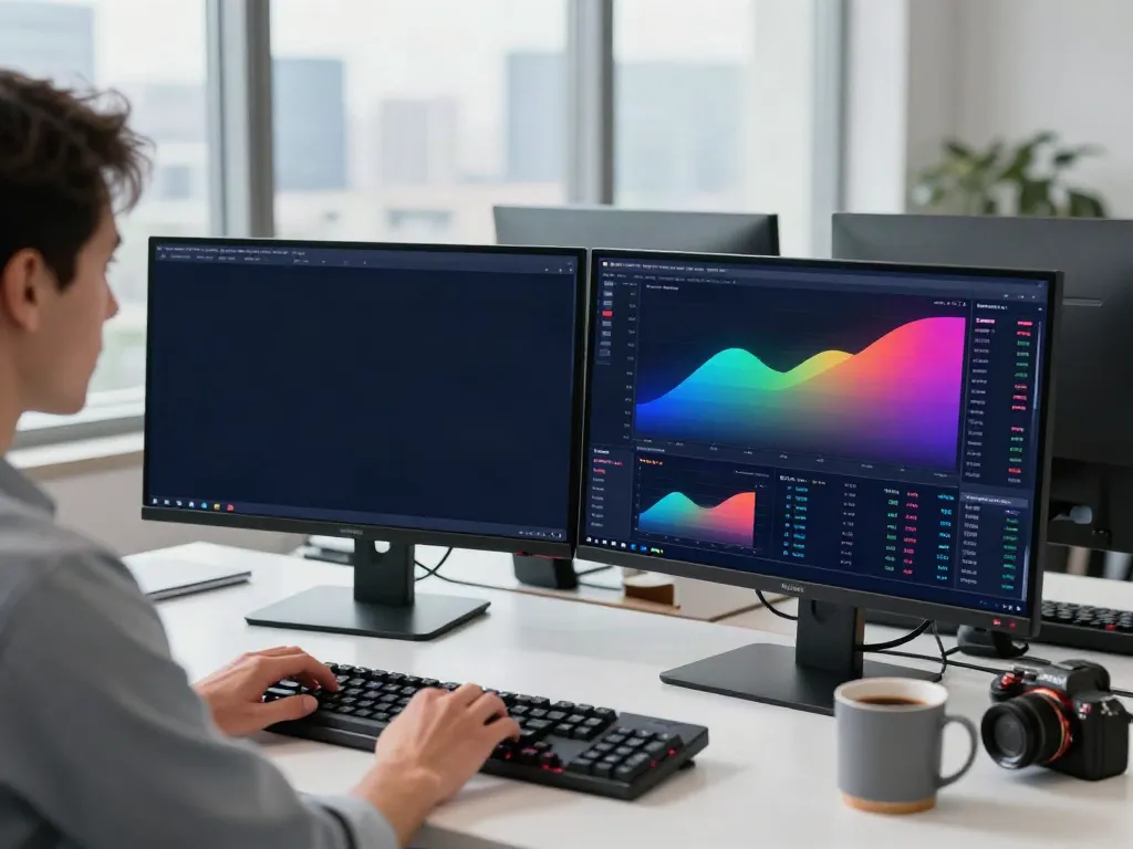 Engaged user analyzing trading strategies on TradingView with dual monitors in a busy office setting.