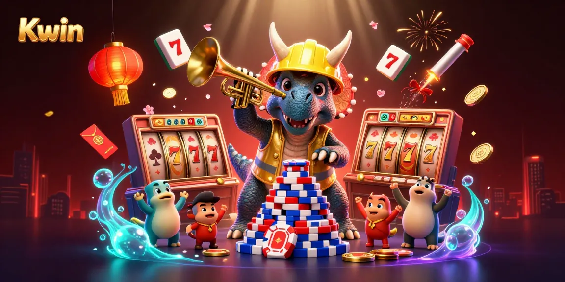 Kwin gaming scene featuring a triceratops building poker chips and a parasaurolophus celebrating amidst colorful casino elements.