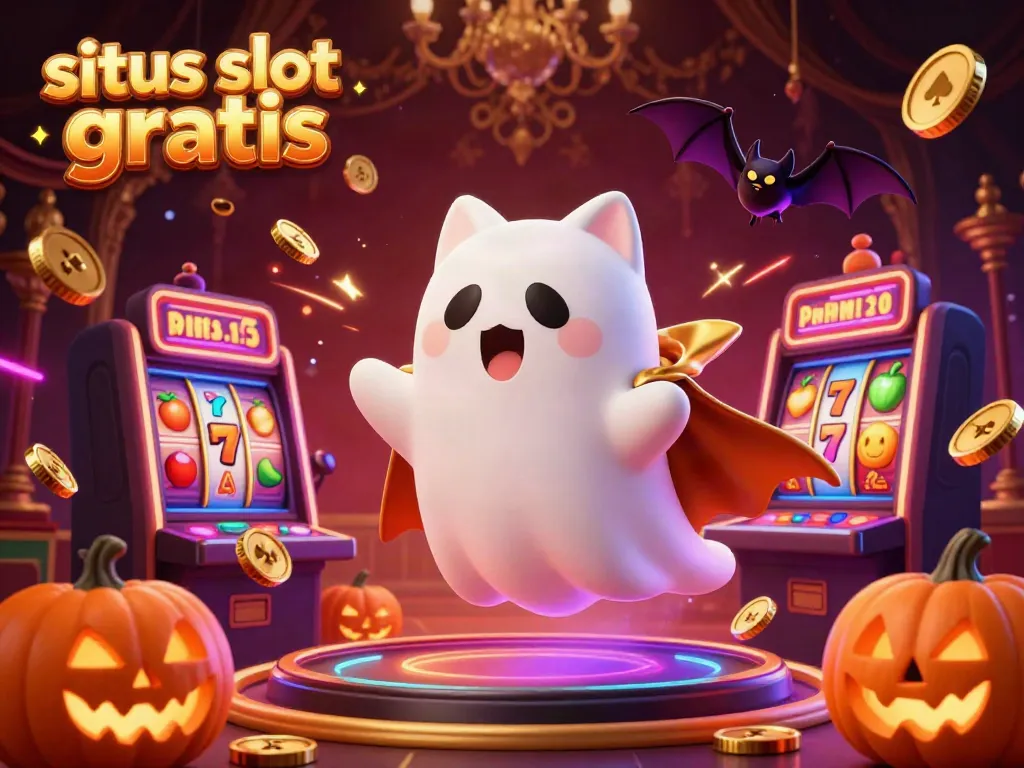 Experience situs slot gratis with the ghost cat navigating a haunted casino filled with vibrant 3D slot symbols.