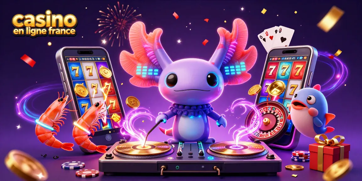 Jouer à casino en ligne France : illustration colorée de l'axolotl DJ au cœur d'une fête de casino.