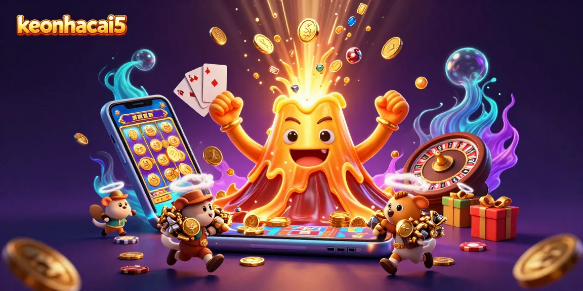 Experience thrilling winnings with keonhacai5 as the golden volcano erupts in a vibrant 3D casino scene.