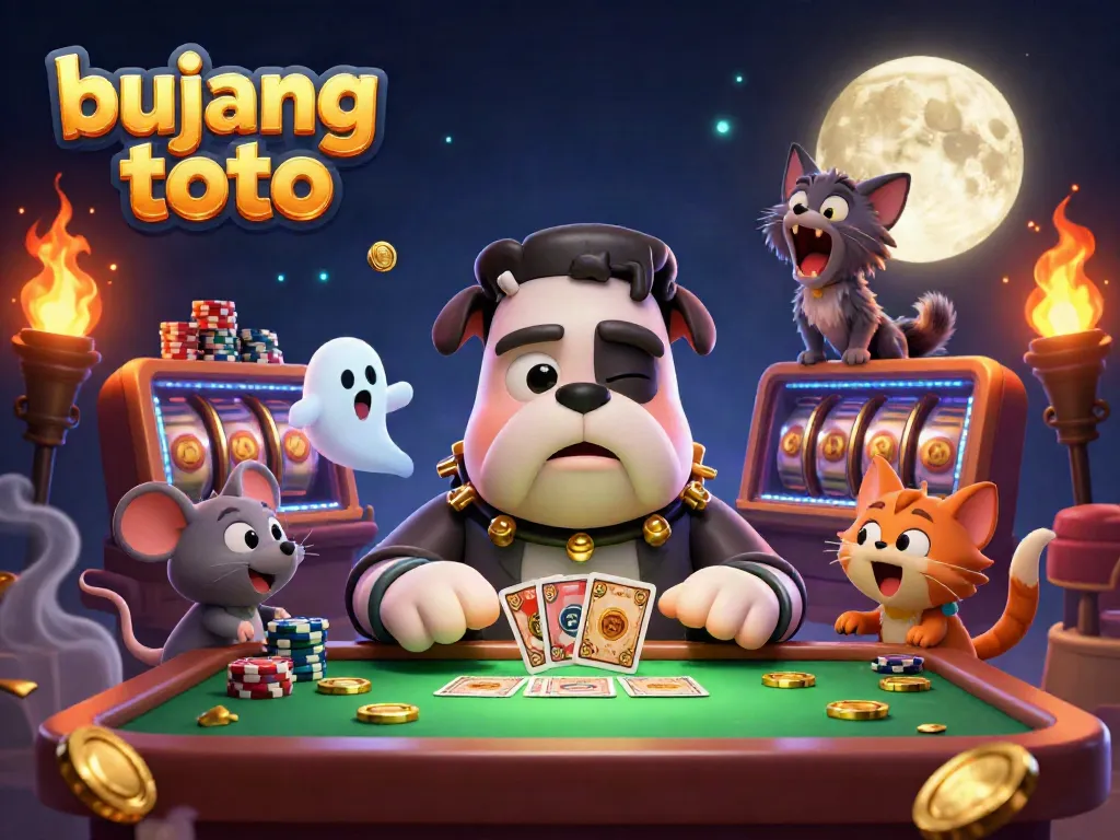 Experience the thrill of bujang toto with a cartoon monster dealing cards in a dynamic casino scene.