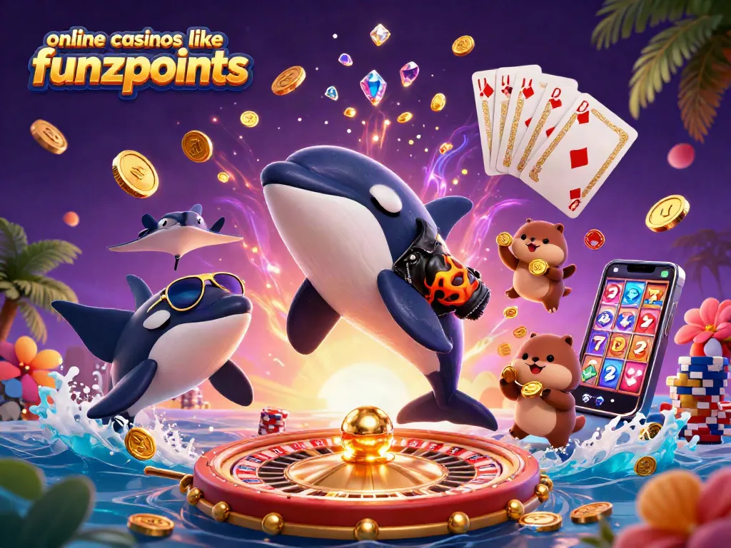 Engage with online casinos like funzpoints in a vibrant 3D cartoon scene filled with playful sea creatures and casino elements.