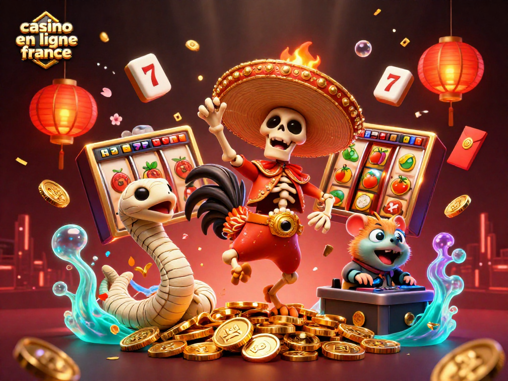 Illustration d'un casino en ligne France, où un coq mariachi danse sur des pièces d'or entouré de machines à sous et feux d'artifice.
