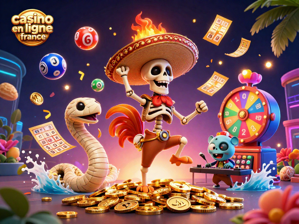 Festoyez avec le poulet mariachi dans le casino en ligne France entouré de pièces d'or et de tickets flottants.