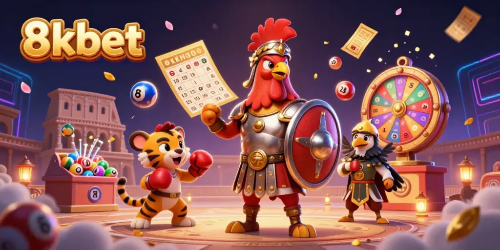 Experience the thrill of 8kbet with this vibrant 3D gladiator rooster and casino elements.
