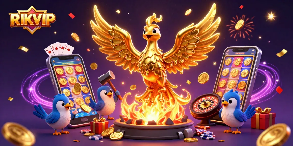 Experience RIKVIP's dynamic 3D illustration of a golden phoenix symbolizing winning potential in online gambling.