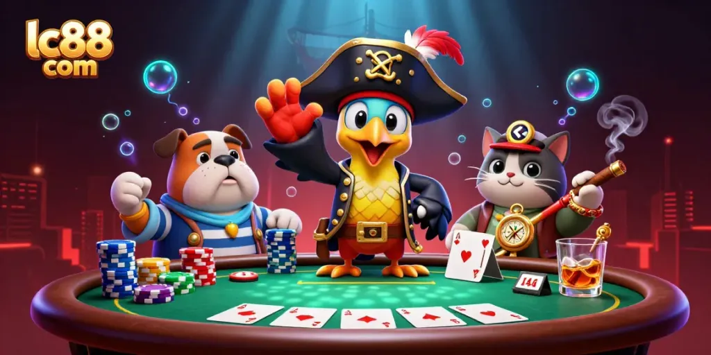 Engage with lc88 com through thrilling poker action, featuring vibrant game elements and cartoon characters.