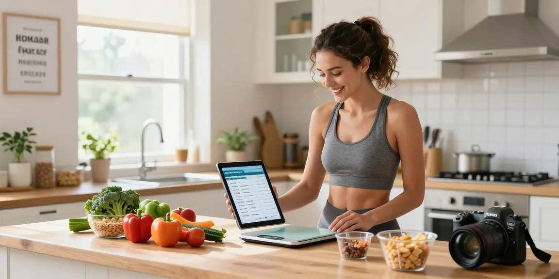 A young woman preparing a healthy meal in a kitchen using the best macro tracking app for nutrition.