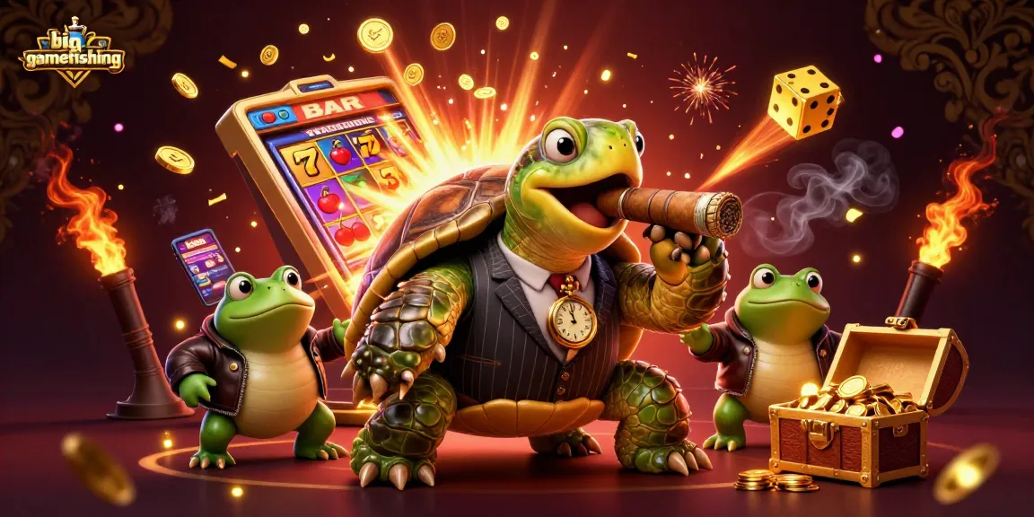 Experience big-gamefishing excitement as a turtle and bullfrogs dominate a vibrant casino scene.